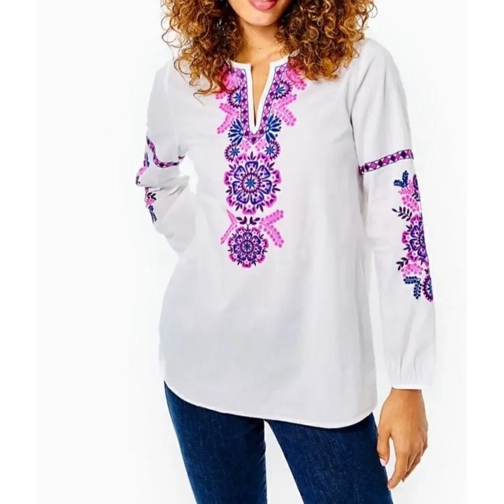 Lilly Pulitzer NWT Coretta Embroidered Tunic Blouse Boho size XXS